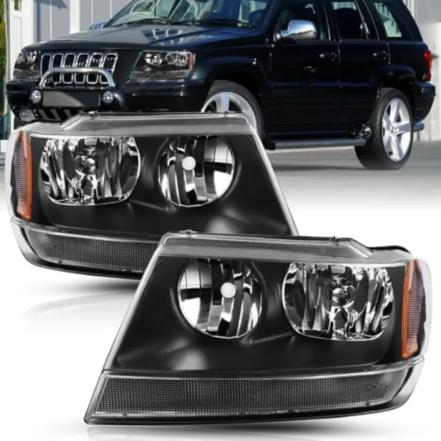 

Halogen Headlight Assembly for 1999-2004 Jeep Grand Cherokee WJ Driver and Passenger Side Black Housing with Amber Reflector
