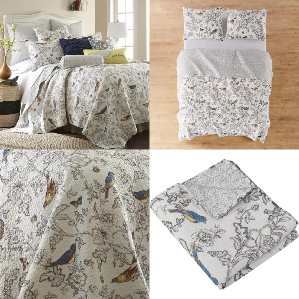 

Mockingbird Quilt Set in Grey Toile with Birds - Full/Queen Size 88x92 inches + 2 Standard Pillow Shams 26x20 inches