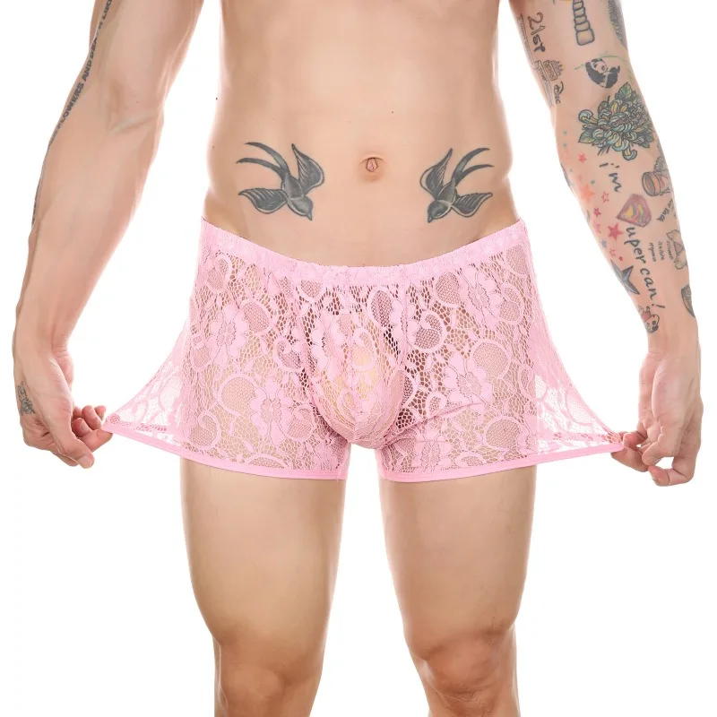 See Through Lace Underwear Man Bulge Pouch Underpants Transparent Panties Trunks Gay Sissy Long Boxer Briefs Breathable Shorts