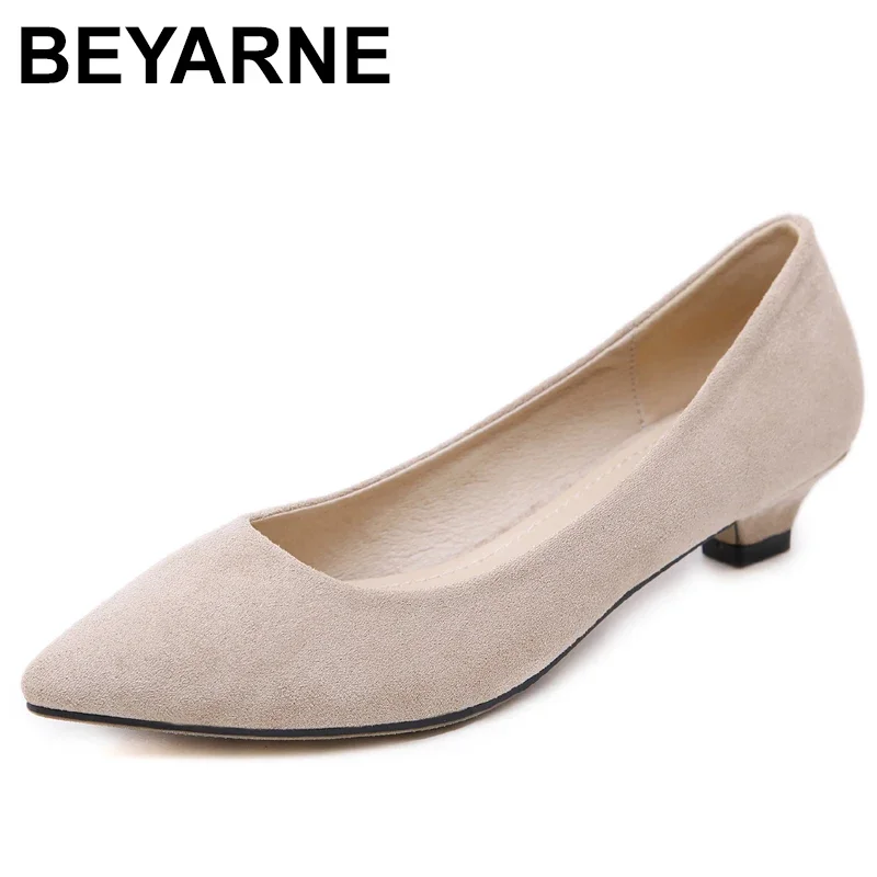 BEYARNE Women Low Heels Solid Basic Shoes Shallow Kitten Heel Faux Suede Flock Pumps Slip On Court Shoes OL Plus Size 35-42E309