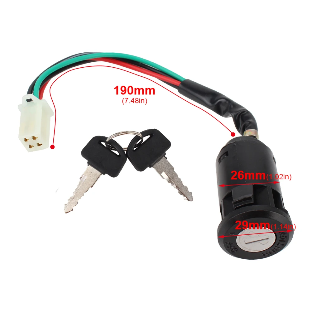 

Ignition Key Switch Set 4 Pin Wire Cylindrical Switch Replacement Ignition Switch with Keys for ATV 50/70/90/110/150/250cc