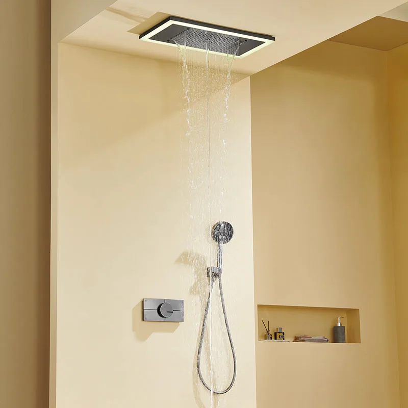 630*330mm LED Rain Shower Head 4 Functions Thermostatic Mixer Valve Handheld Shower Head With Ambient Light Chrome Shower Set