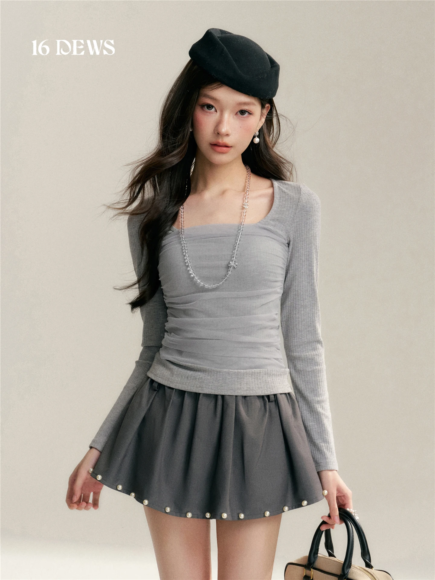

16DEWS Slim Fit Long Sleeve Knitted Base Shirt Square Collar Design Mesh Patchwork Versatile Stylish Women's Casual Wear