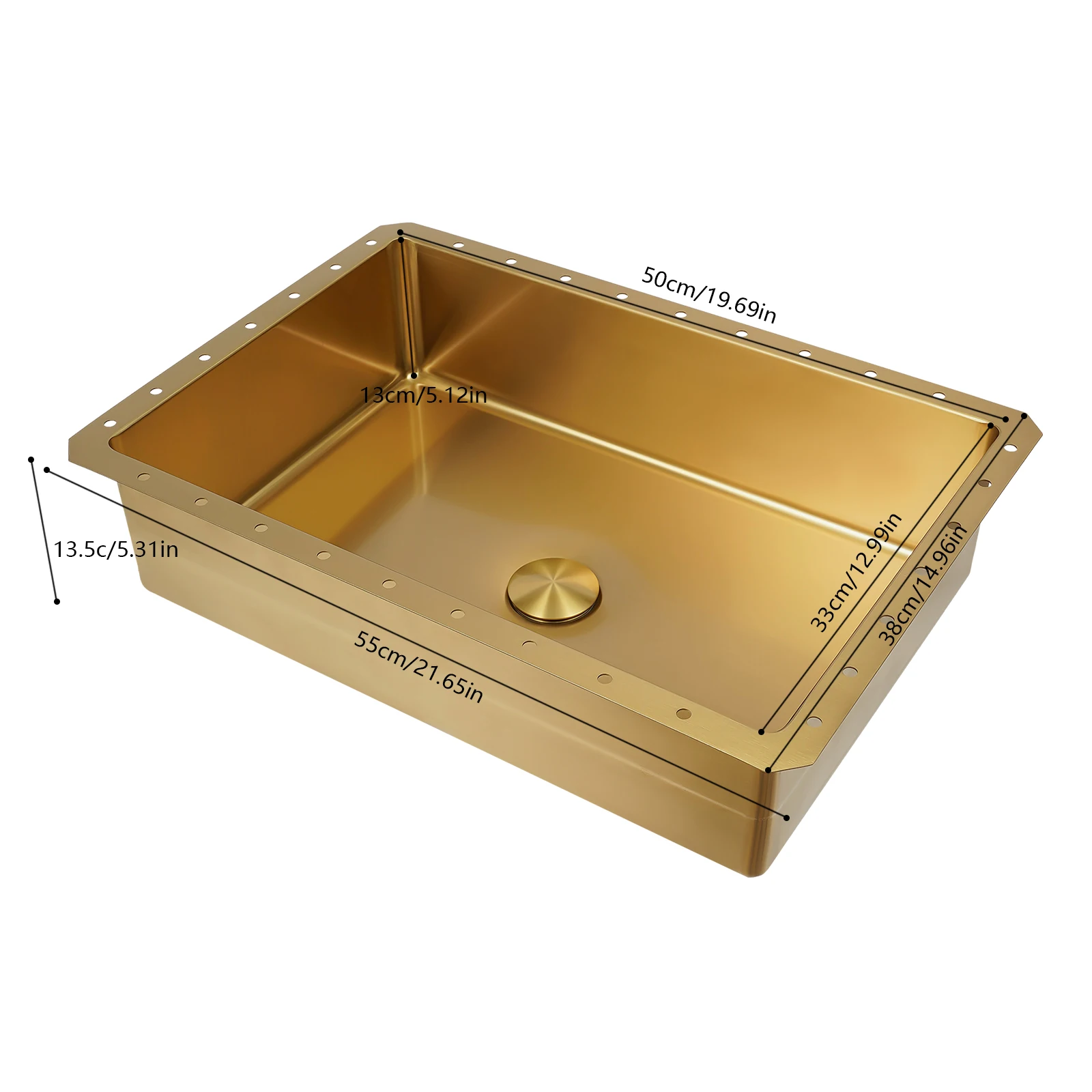 ステンレススチールゴールドキッチンシンク、シングル長方形ゴールデンシンク、容量約23L、ゴールデン洗面器21.65*14.96*5.31インチ