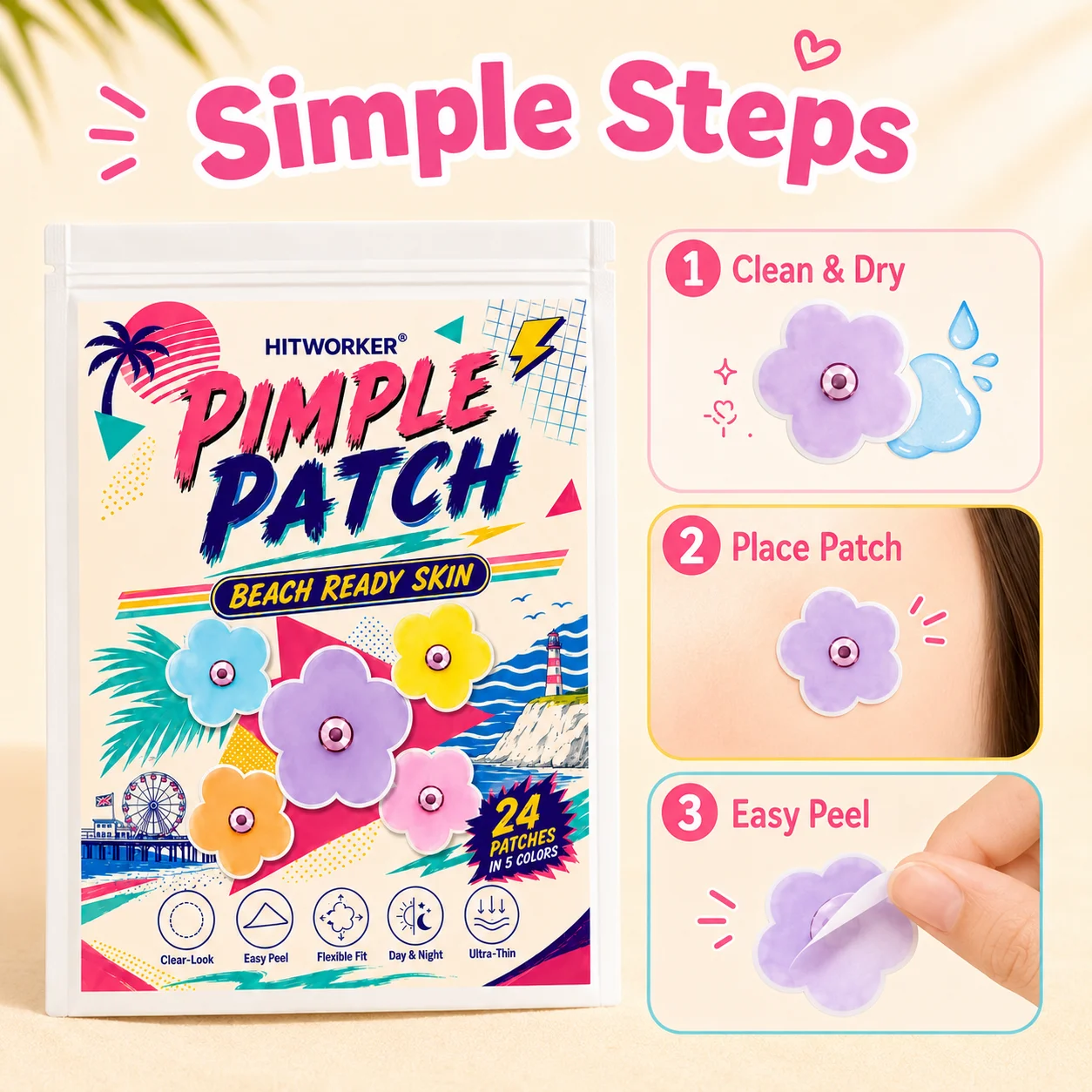 50/150 pcs HITWORKER Flower Pimple Patch, Colorful Flower Shape Patches, 5 Colors, Ultra-Thin Clear-Look Daily Care Stickers view 6