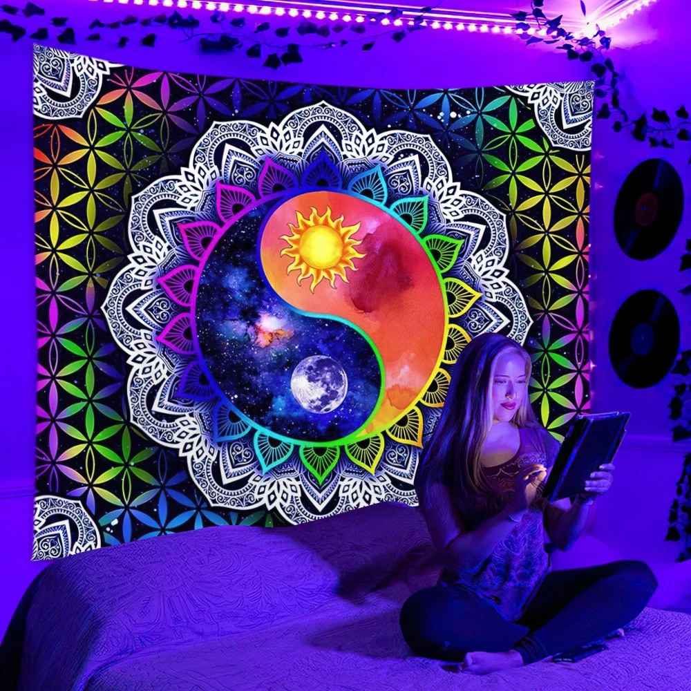 Tapeçaria fluorescente hippie resposta uv psicodélica parede pendurado estilo boho decoração de casa