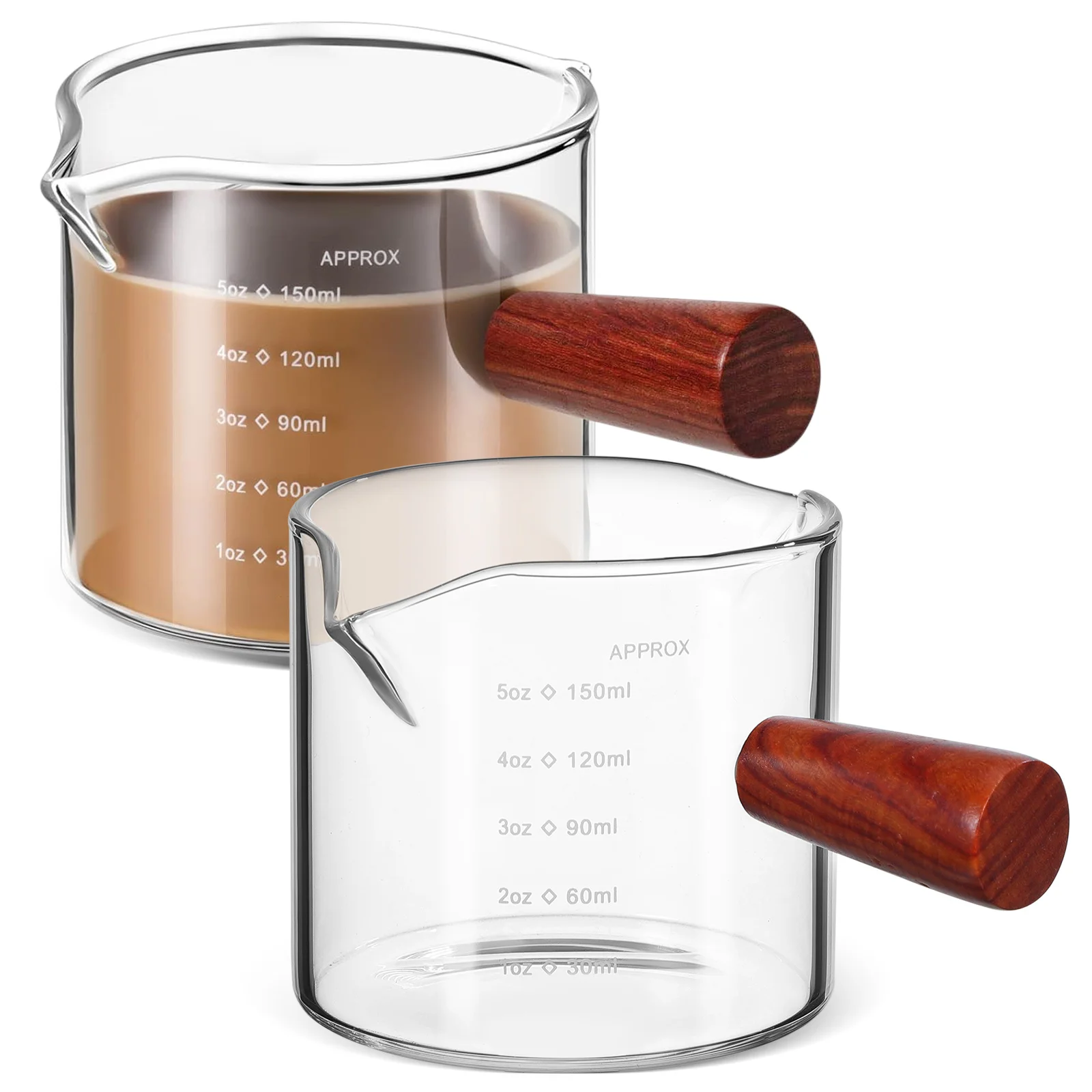 

2Pcs Glass Espresso Measuring Cup with Wooden Handle Precision Graduations Dual Pour Spouts for Coffee Milk Creamer Syrup Baking
