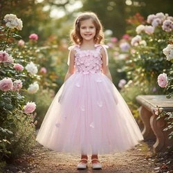 Quality Pink Princess Flowers Petal girl wedding dress girls Tulle Fuffy party Formal dress Princess Tutu Dress vestidos