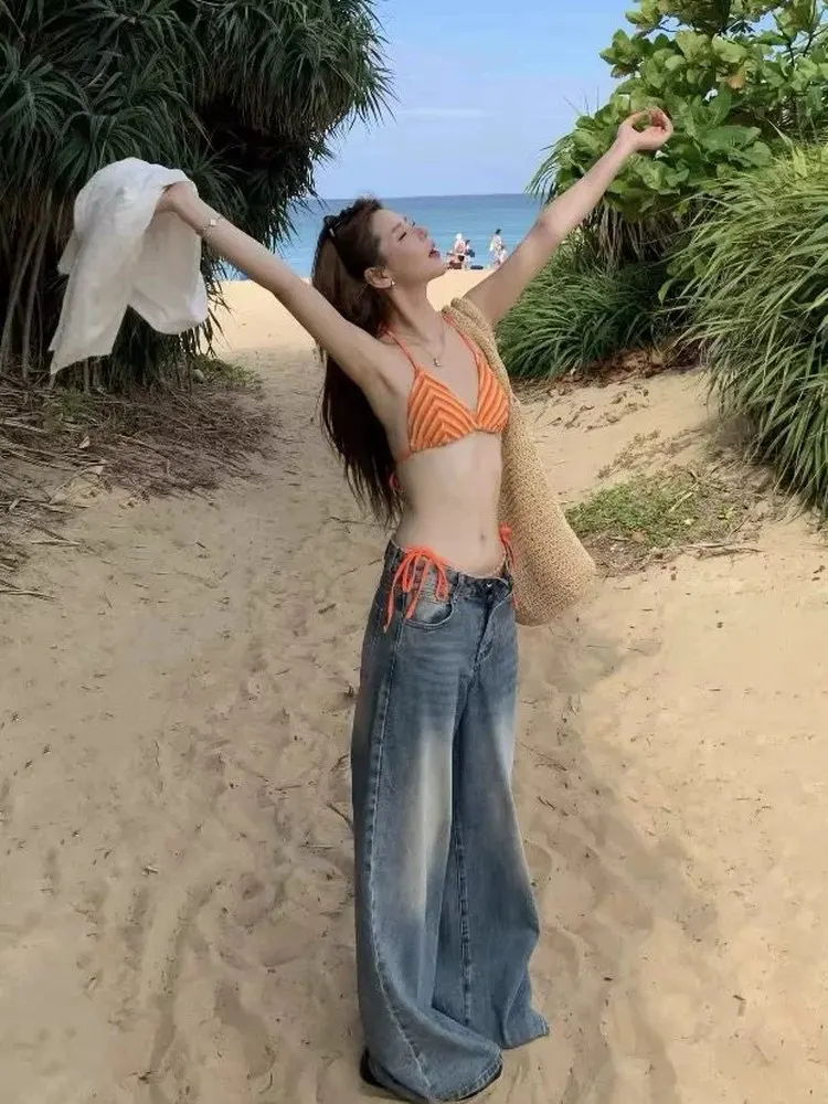 

Сексуальный треугольный купальник-бикини для женщин, красивый уникальный комплект в тайском стиле для отпуска, состоящий из трех предметов, с эффектом высокой чувствительности, новинка 2026 года, хит продаж