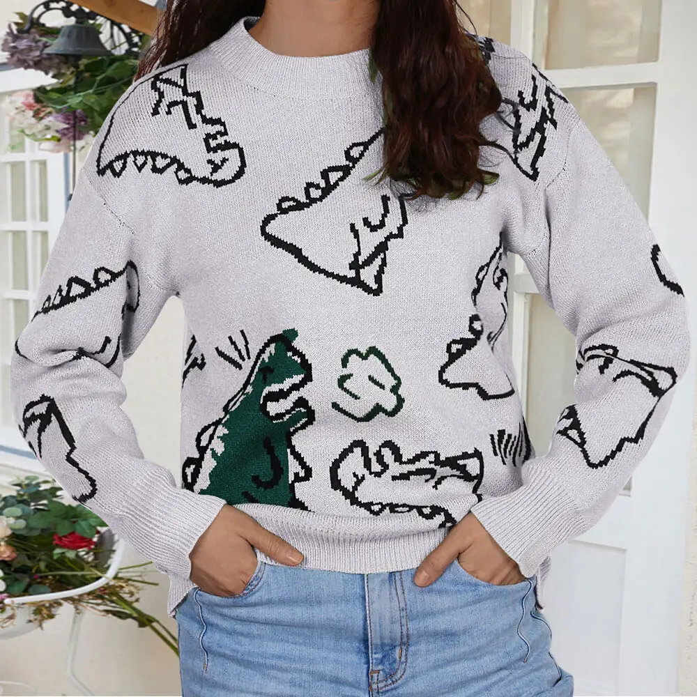 

Harajuku Fashion Knitted Hip Hop Streetwear Dinosaur Cartoon Pullover Casual O-Neck Women Vintage autumn winter Sweaters