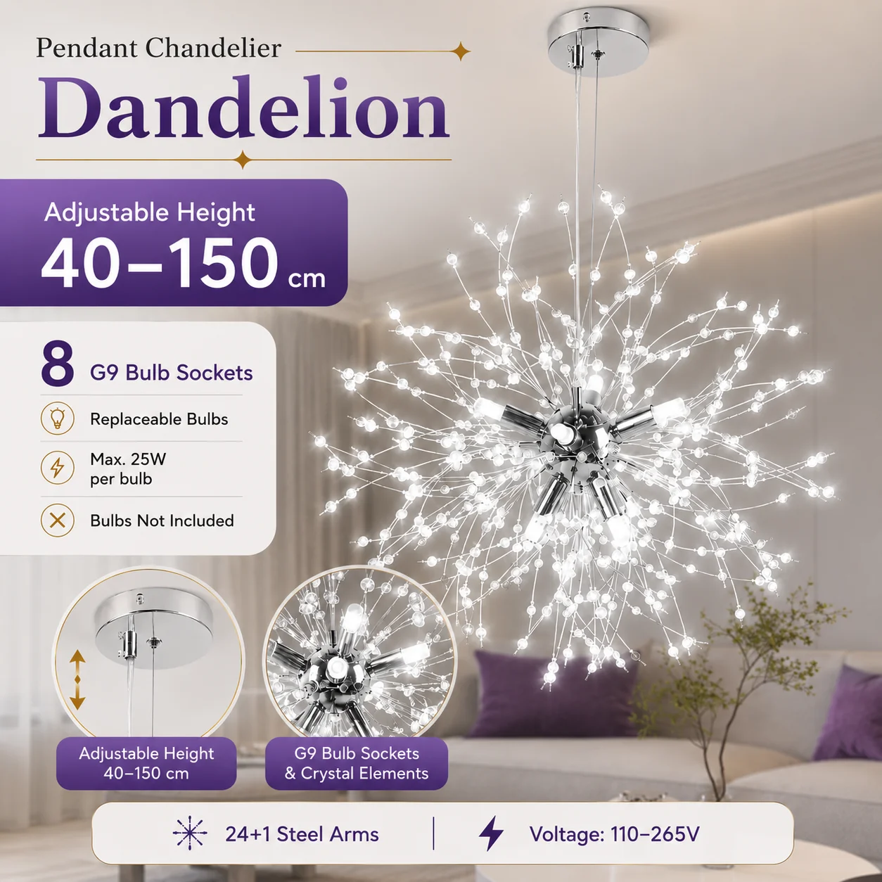 G9 Chandelier LED Dandelion Ceiling Lights Kitchen Hanging Pendant Lamp for Home Decor 8 Heads Ceiling Spot Adjustable height