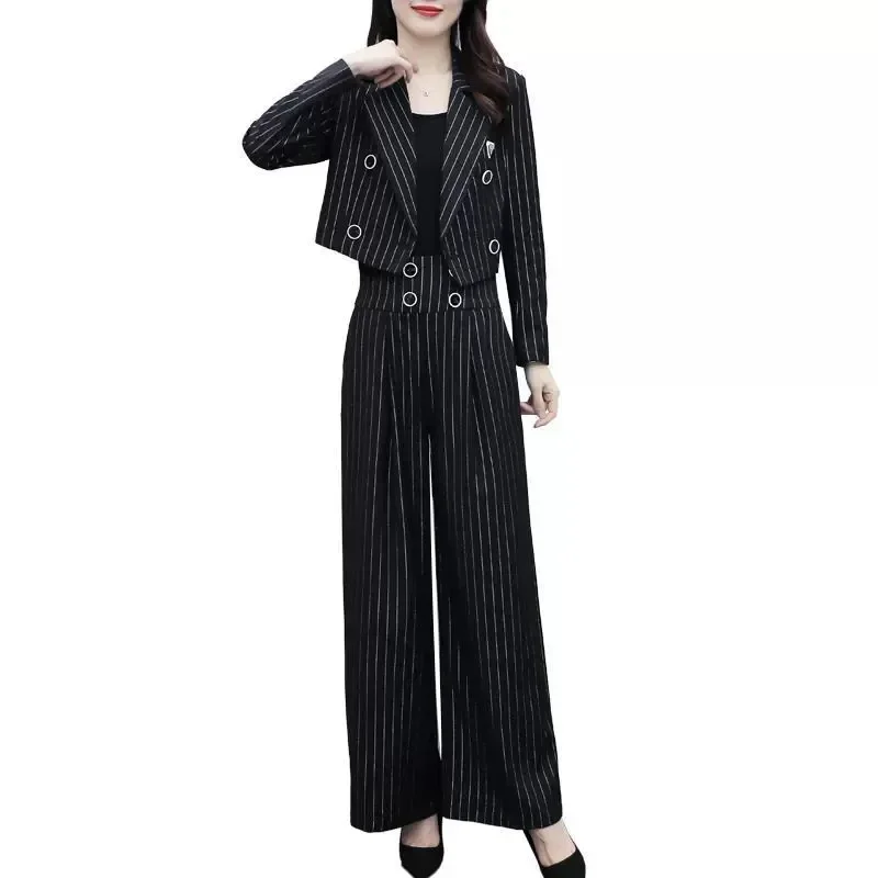 Small Blazers Suit Women's Spring New Casual Professional Short Blazer Jacket and Wide Leg Pants Two Piece Set Office Ladies Set