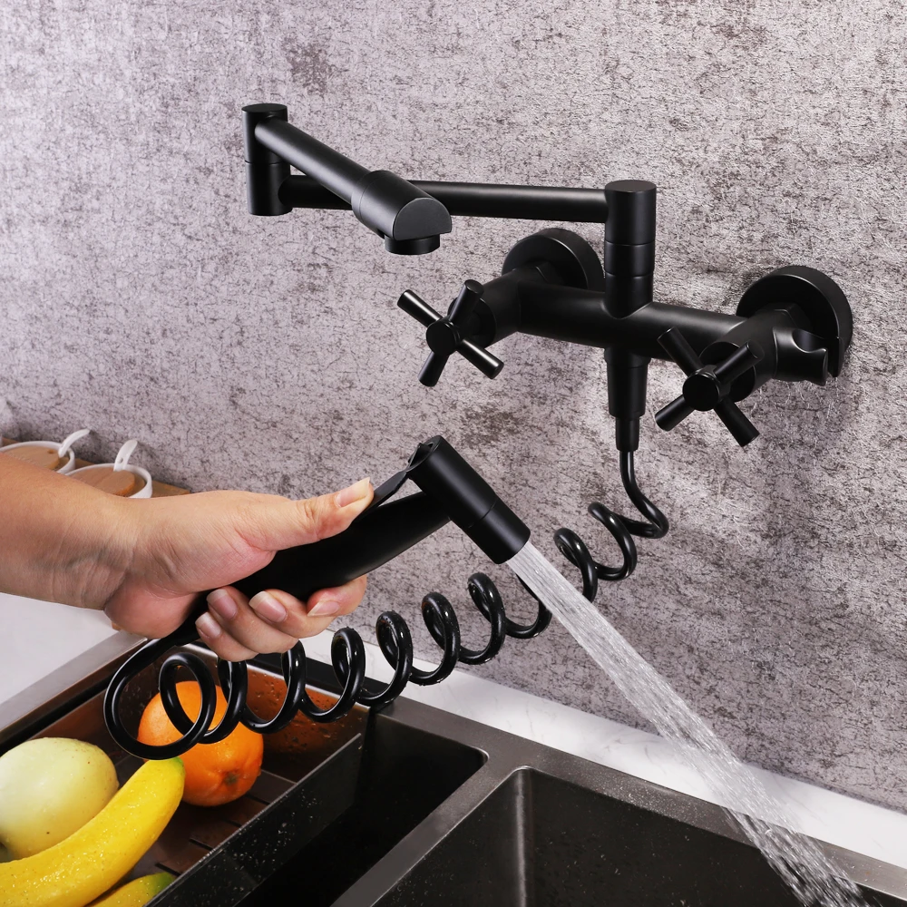 SKOWLL Pot Filler Faucet Wall Mounted Kitchen Mixer Tap with Spray Gun, Matte Black HG-1663