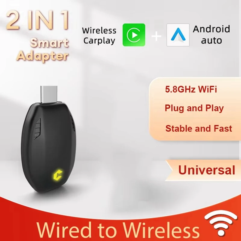 New Wired to Wireless Carplay Smart Adapter 2in1 Android Auto Mini Box Plug and Play WiFi Fast Connection USB Type-C