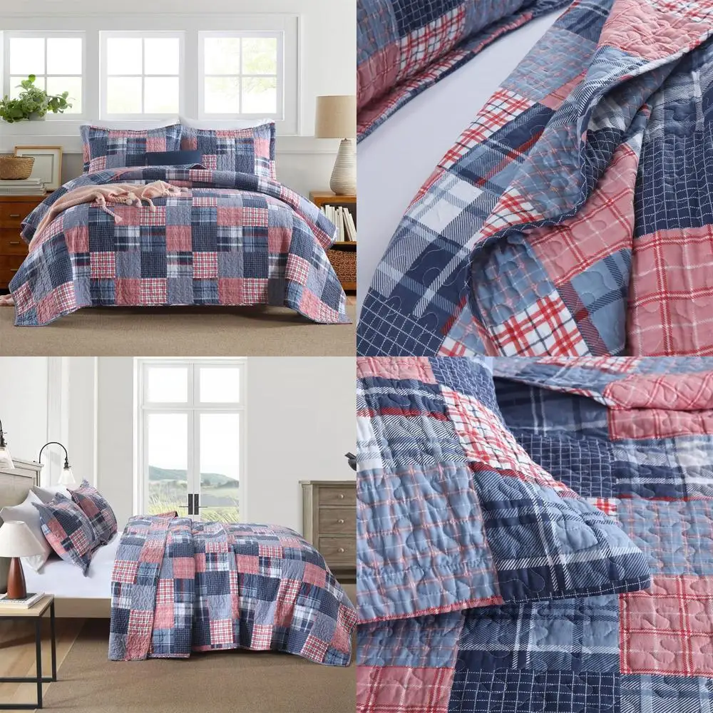 

All-Season Reversible Cotton Patchwork Quilt Sets with Blue Houndstooth Plaid Pattern