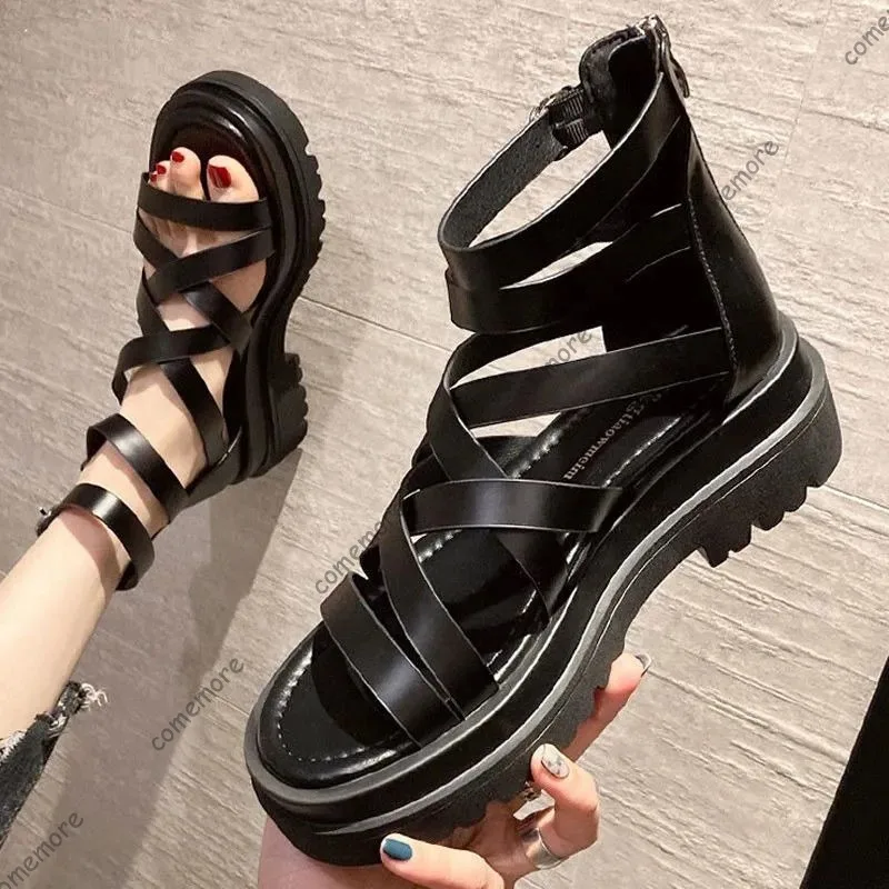 Comemore Sandalen für Damen Schwarze Plateau-Sandalen mit Mittelhohem Absatz Beige 2025 Sommer Gladiator Plateau-Sandalen mit Kreuzriemen
