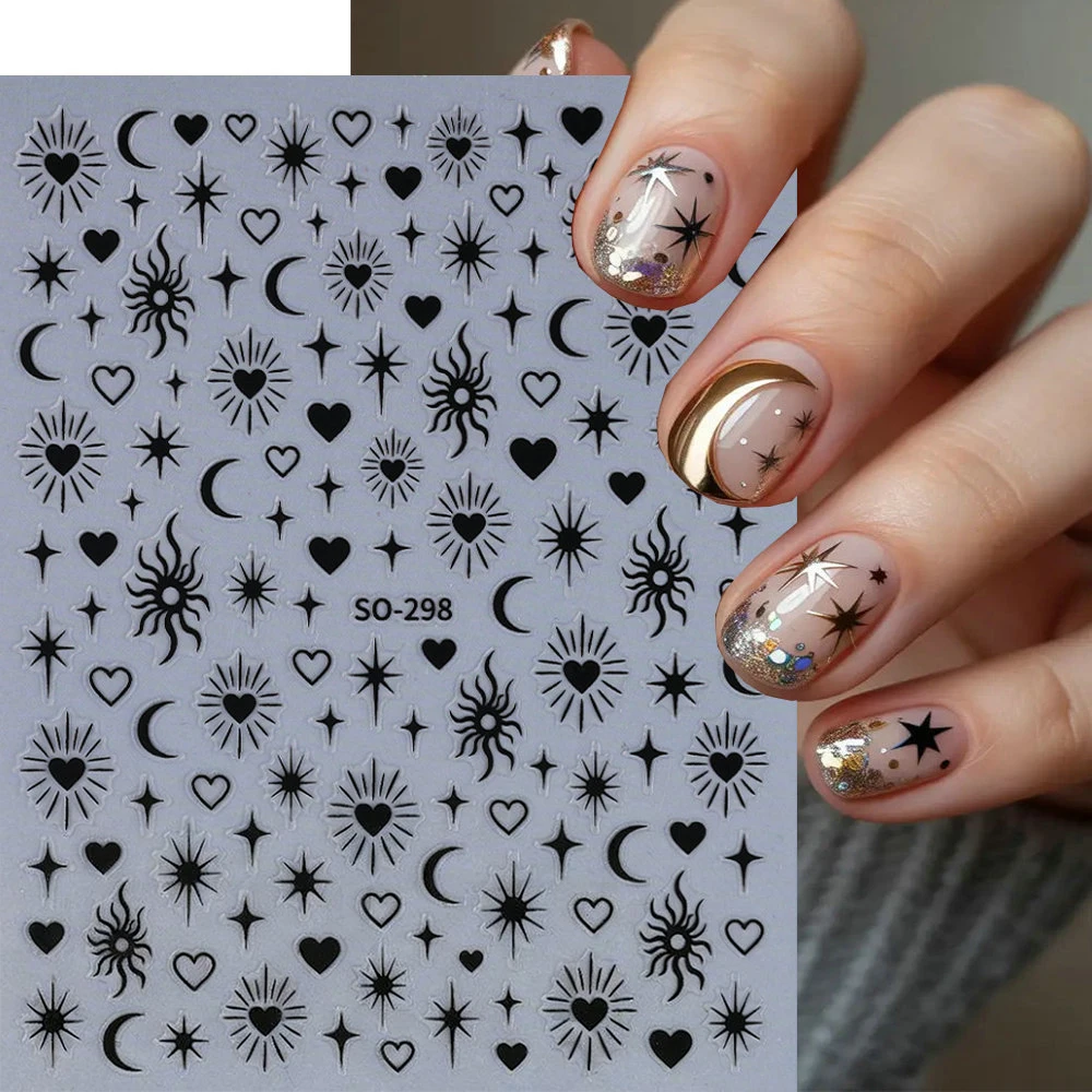 1/6pcs 3D Metallic Moon Sun Starburst Heart Nail Stickers Bronzing Gold Silvery Black White Laser Adhesive Nail Decal Nail Suppl