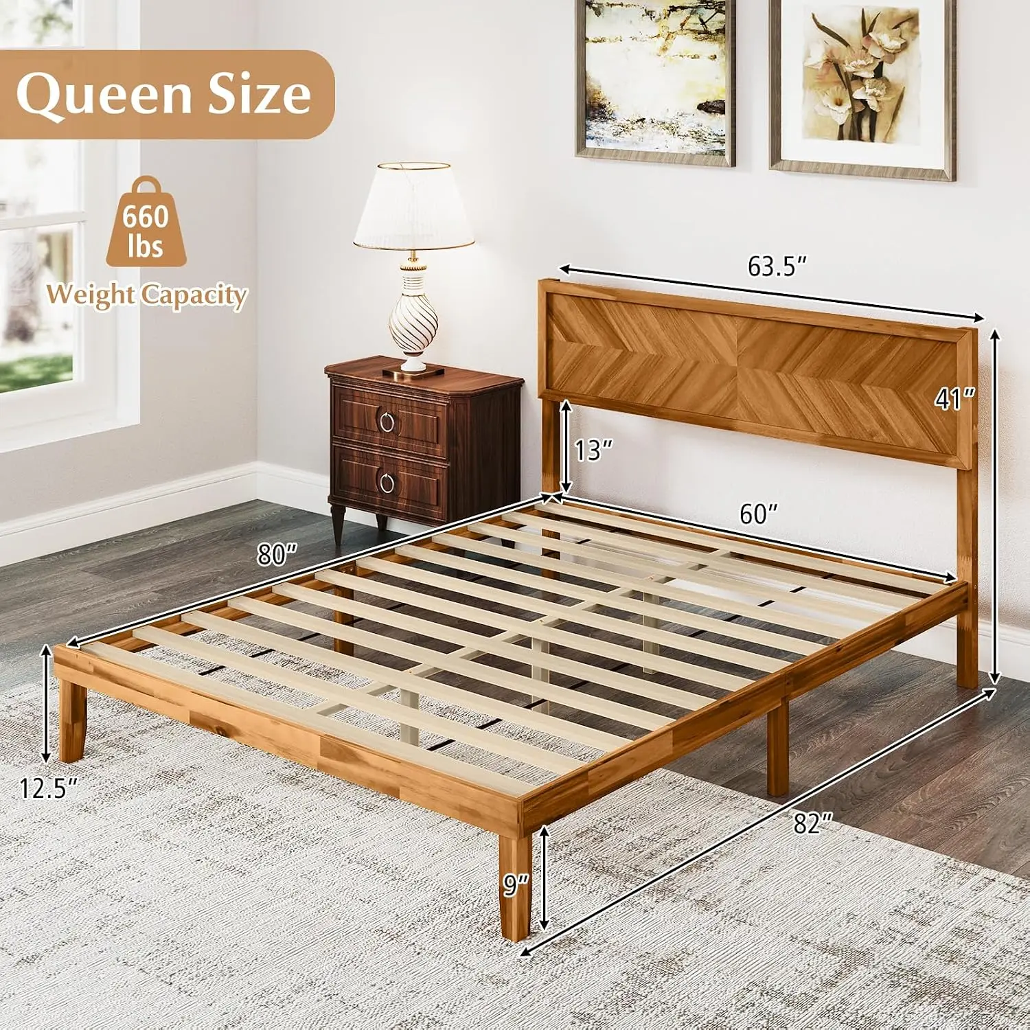 Acacia Wood Queen Bed Frame with Headboard & Storage, Solid Wood Platform with Slats, No Box Spring Needed, Customized