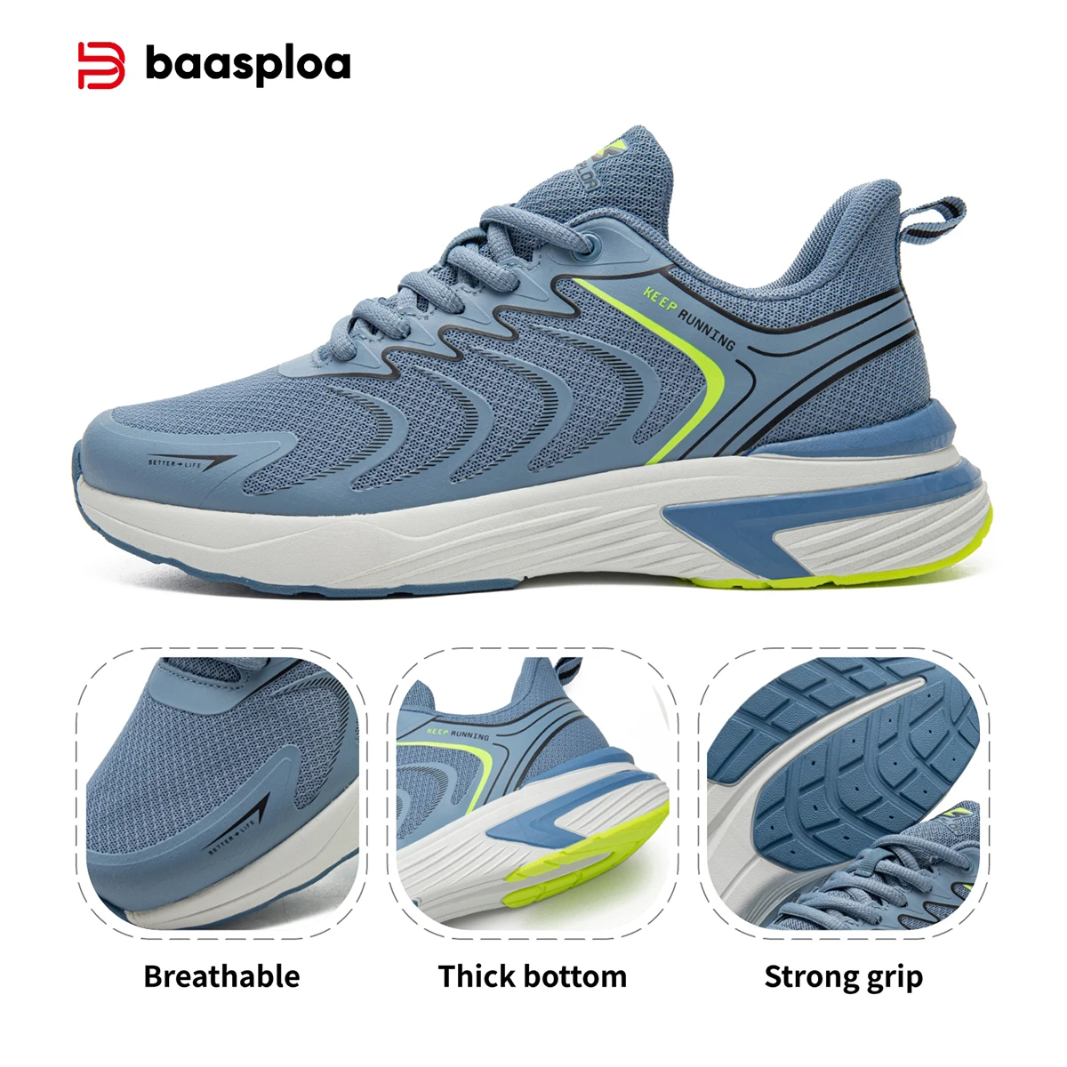 Baasploa Men Running Shoes Leather Mesh Breathable Classic Sport Sneakers Male Comfortable Non-slip Waterproof Casual Shoes