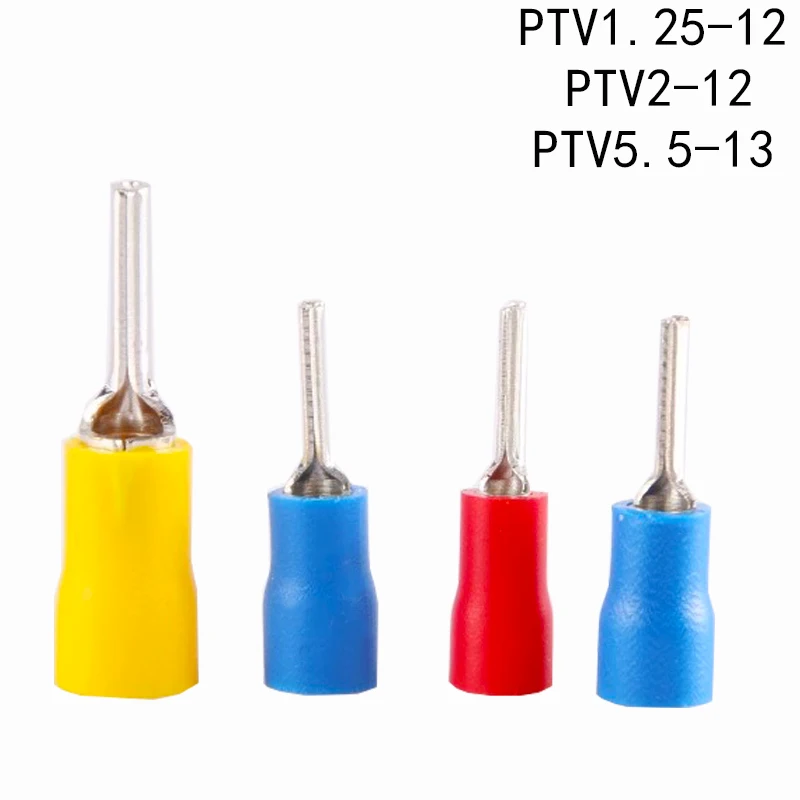 100pcs22-16AWG Insulated Pin Terminals Electrical Splice Crimp Connector Auto Wiring PTV1.25-10 1.25-12 PTV2-10 2-12 PTV5.5-13