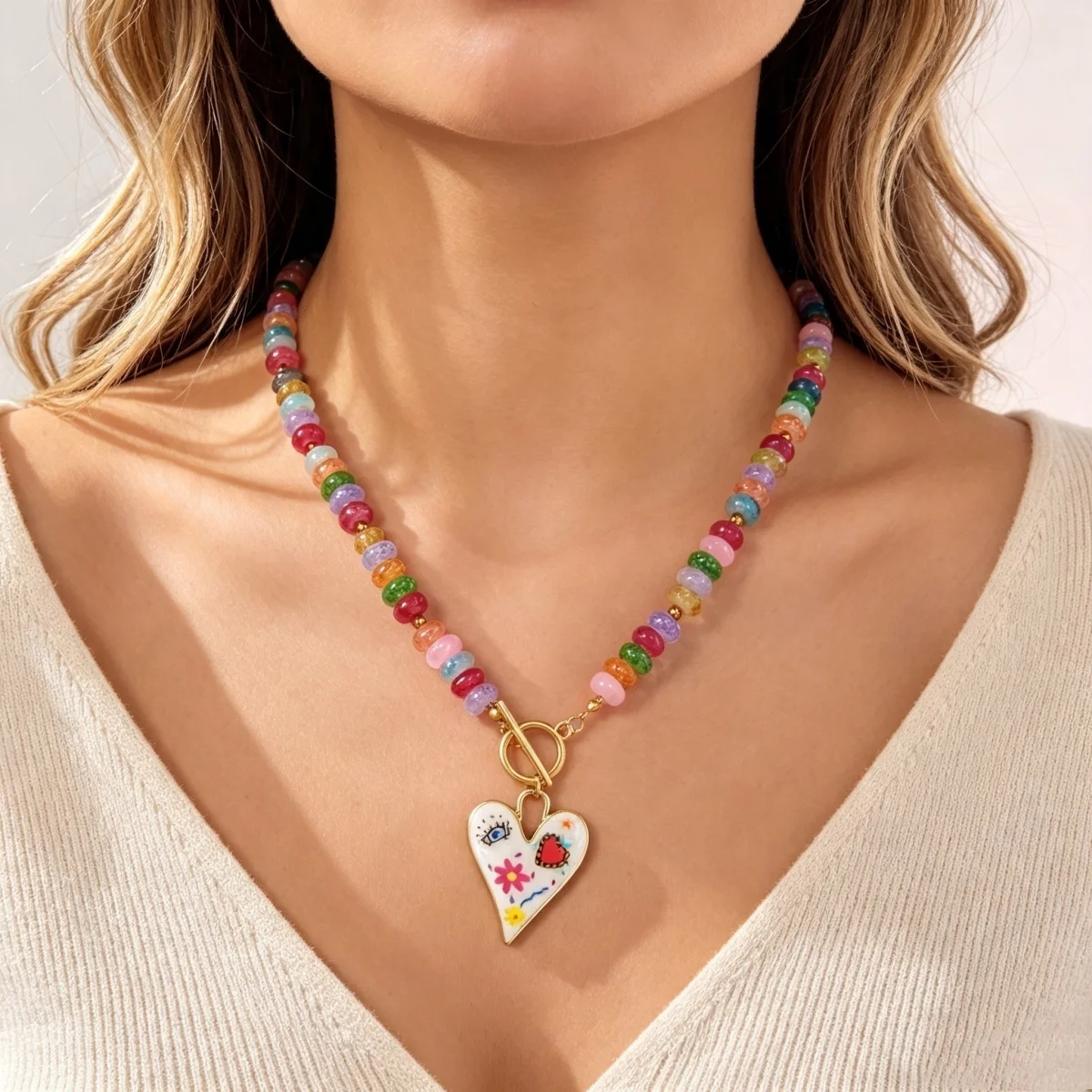 Dopamin Bunte Glas-Flachperlen Graffiti-Blumen-Herz-Anhänger Halskette für Frauen Männer Y2K Vintage OT-Schnallen-Choker Schmuck – Detail 5