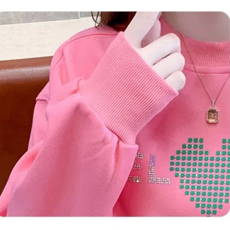 Women\'s Clothing Spring Autumn Round Neck Pullover Lantern Long Sleeve Geometric Rhinestone Casual Loose Screw Thread Tops