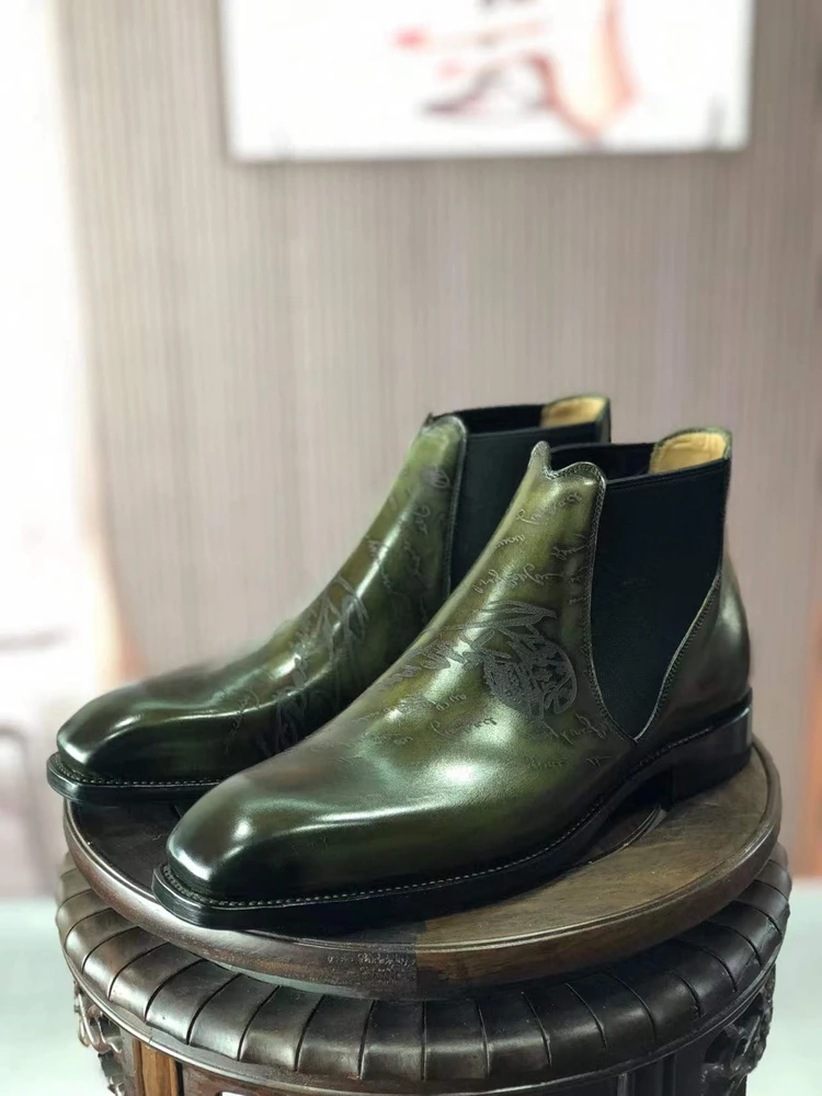 cie Laser Design Chelsea Boot Hand-Painted Full Grain Calf Leather Patina Green Handmade Leather Out-sole Ankle Boots  MA09