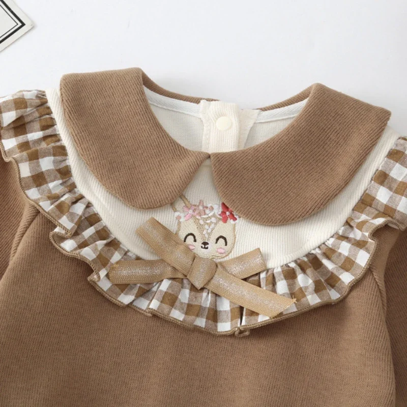 2023 frühling Kinder Baby Mädchen Nette Kleidung Säuglings Kleinkind Geraffte Cartoon Peter Pan Kragen Overalls Kleinkind Bodys + hut 0-24 M