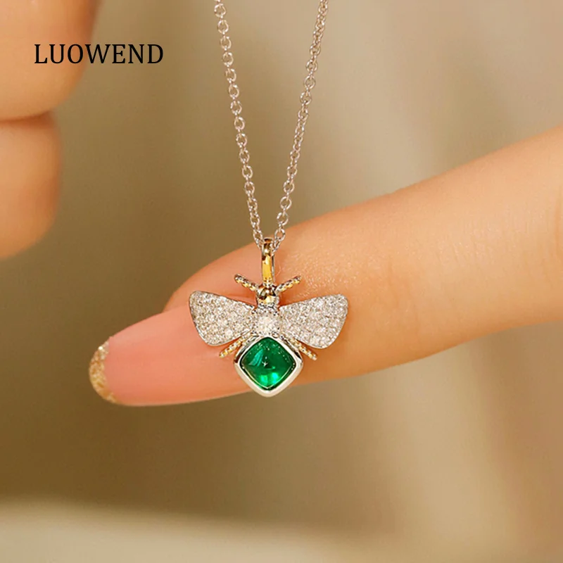 LUOWEND 18K White Gold Necklace Elegant Honeybee Design Luxury Diamond Natural Emerald Necklace for Women High Wedding Jewelry