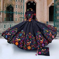 Black Princess Quinceanera Dresses Ball Gown Long Sleeves Embroidery Sweet 16 Dresses 15 Años Mexican Customized