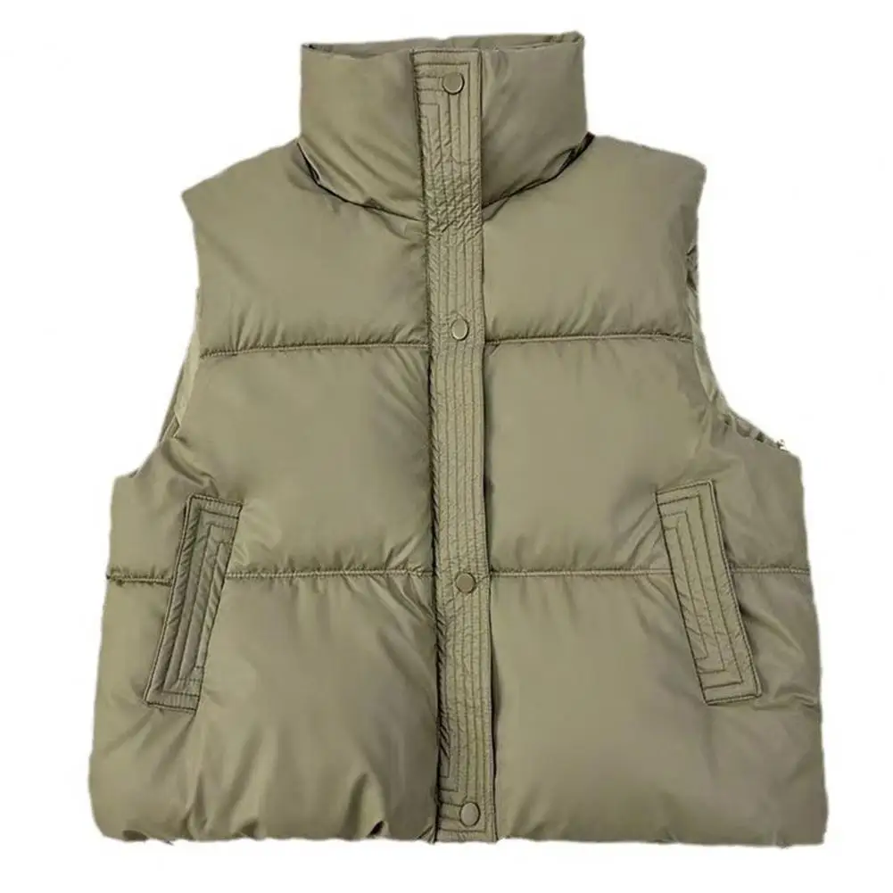 Winter Women Vest Coat Padded Zipper Closure Stand-up Collar Sleeveless Solid Color Winproof Outdoor Down Coat