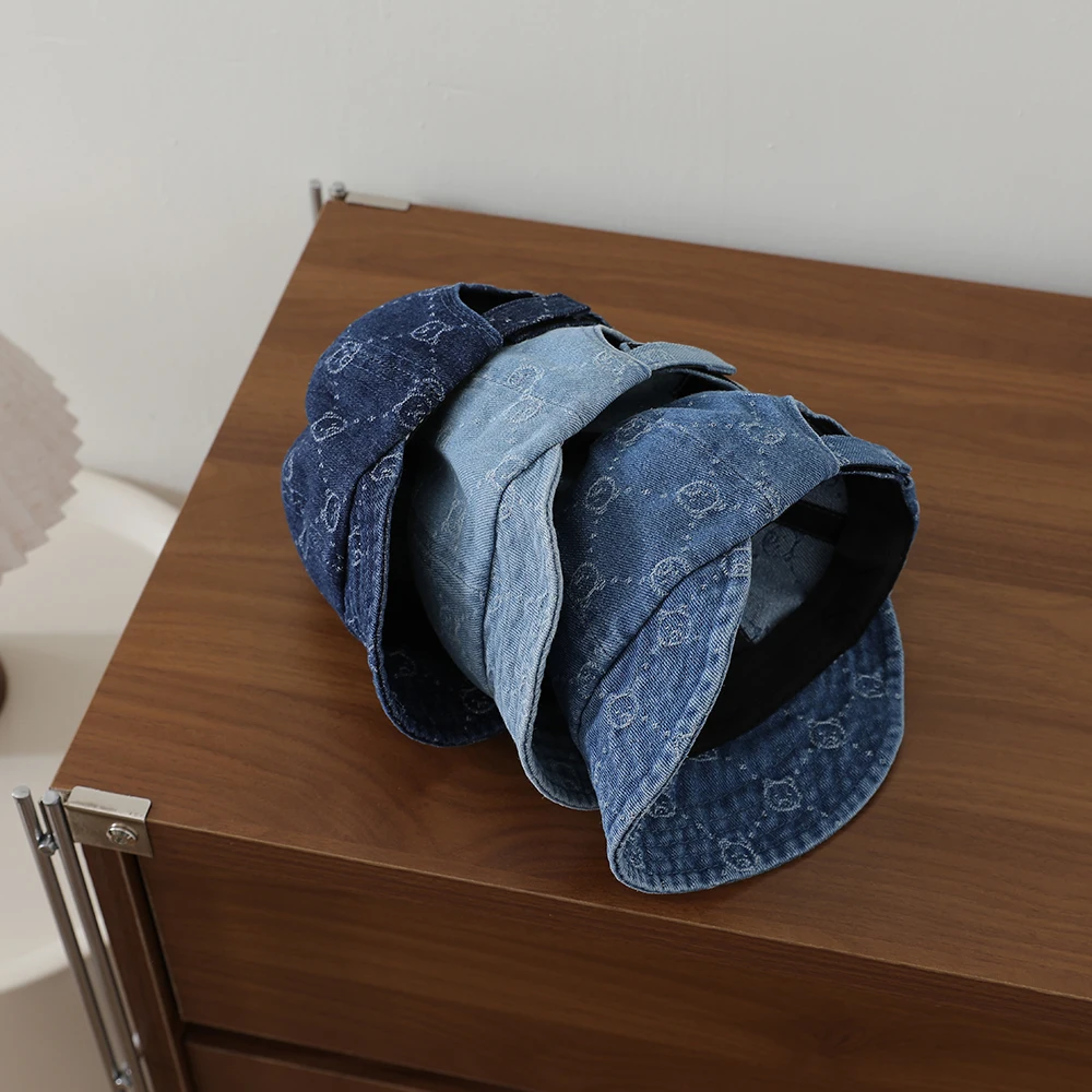 Retro water-washed denim children's baseball cap with full pattern of small bear diamond jacquard soft brim fisherman hat view 6