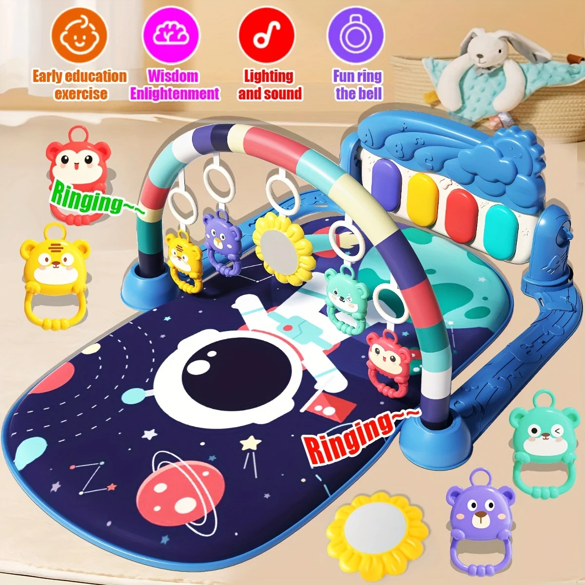 Astronaut-themed music baby gym play frame with lights and sounds for early development. Assembly required.