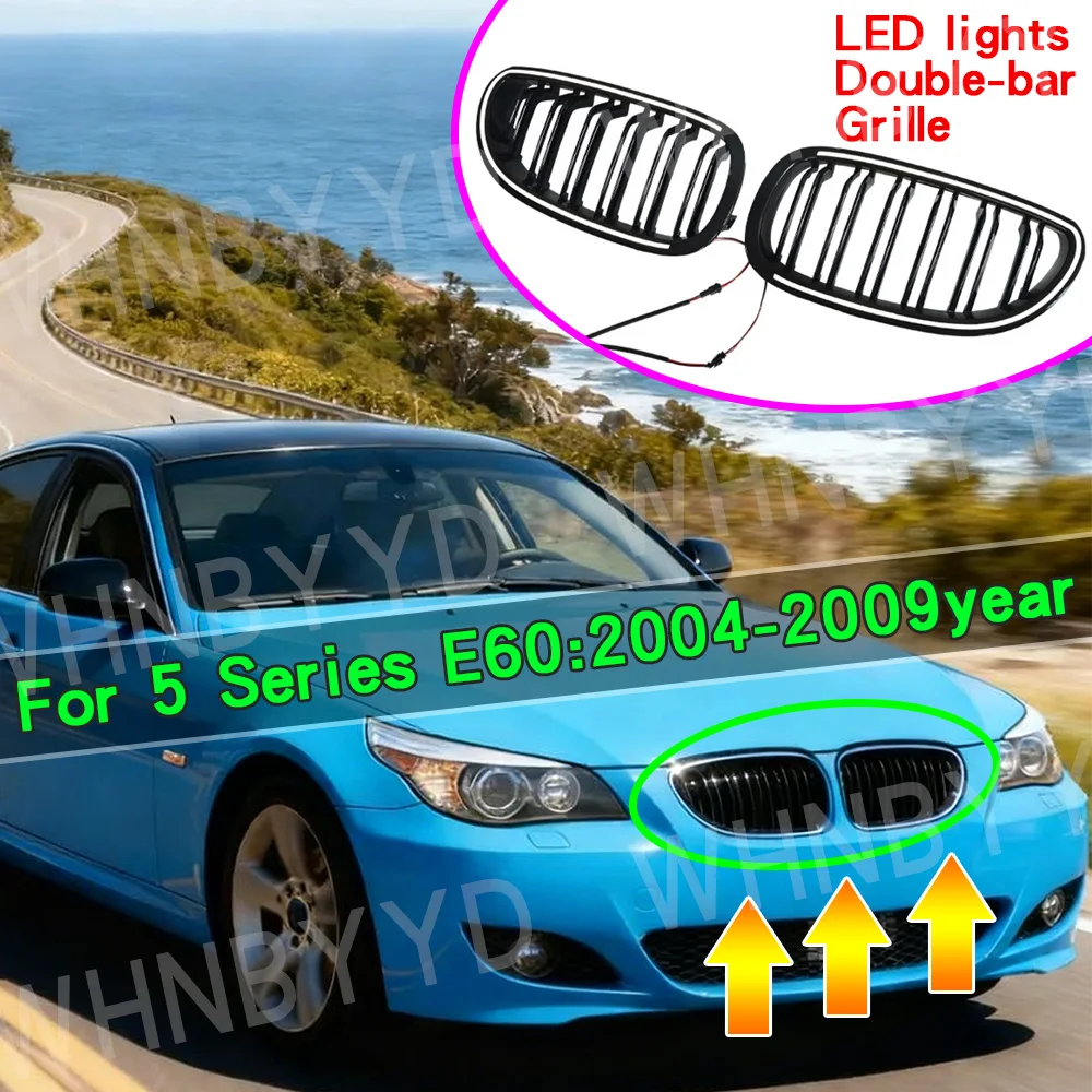 

For BMW 5 Series E60 E61 M5 2003-2010 520i 535i 545i 550i M Sport Double Slat Front Kidney Grille Bumper LED Light Lamp Grill