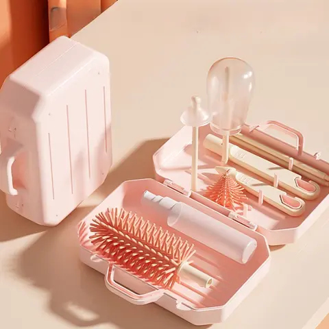 아기 젖병 건조 랙 휴대용 클리너 세트, 컵 배수 청소 보관 상자, 실리콘 병 청소 브러시 도구 세트, 6 in 1