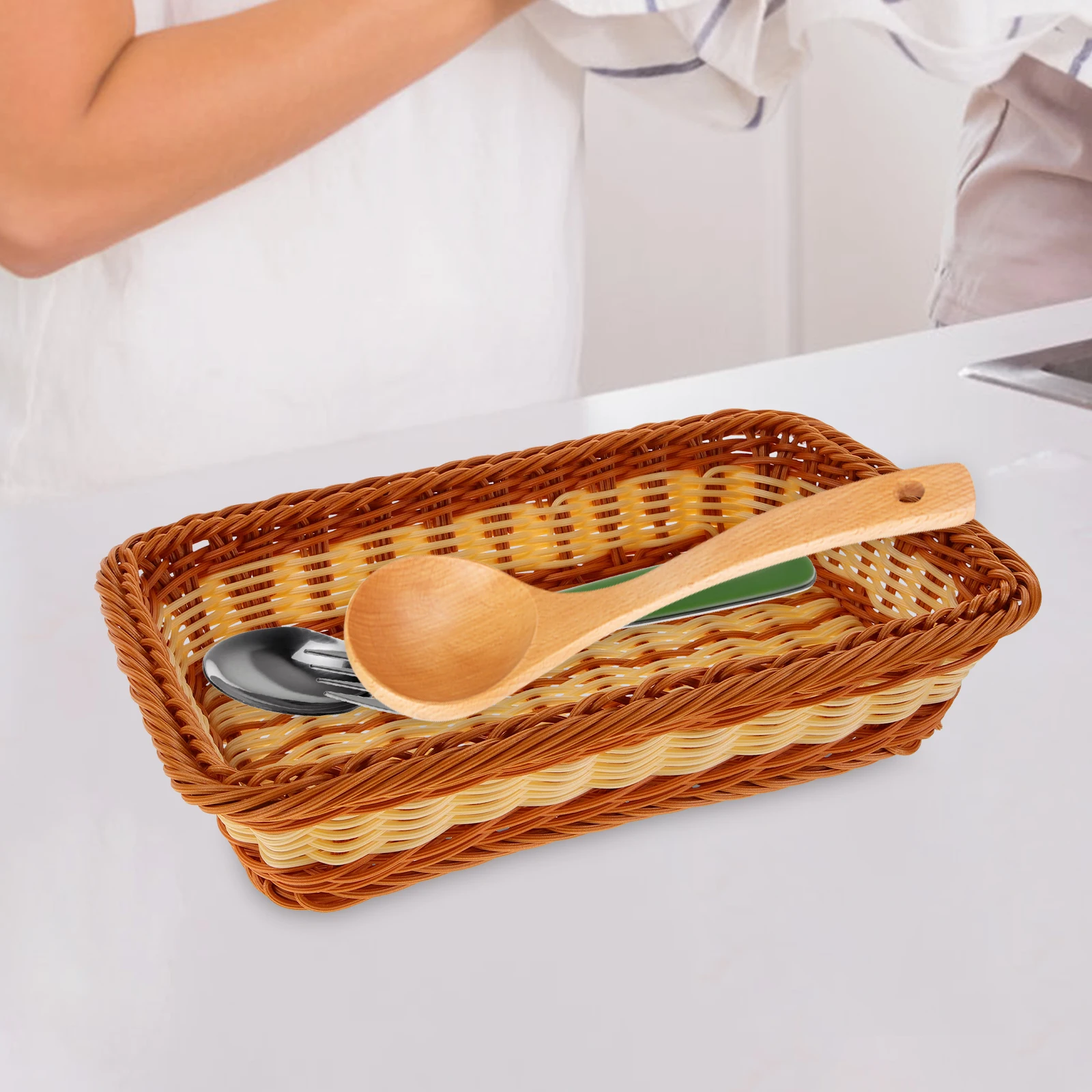 

Rattan Storage Basket 30x20x7cm Kitchen Utensil Holder Imitation Rattan Organizer Cutlery Storage Woven Basket Silverware Holder