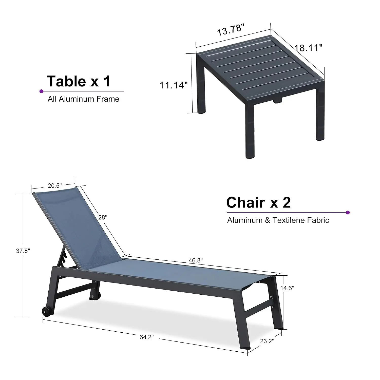 Lounge Chair Outdoor Set for 2, All Weather Aluminum, Indigo | Rust-resistant Powder-Coated Frame, 270 lbs, Customized