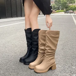 New Fashion Modern Boots Womens Thick High Heel Shoes Black/Khaki Round Toe Real Leather Pleated Knee-High Slip-On Knight Boot