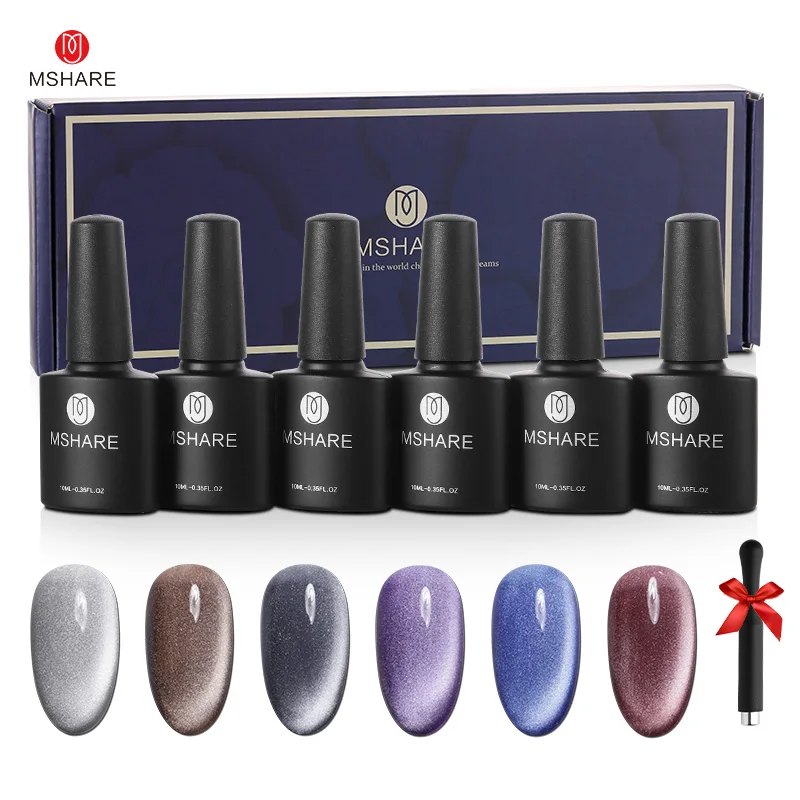 MSHARE 6pcs Crystal Cat Eye Magnetic Nail Gel Set Kits Semi Permanent Varnish Polish Soak Off UV/LED Gel