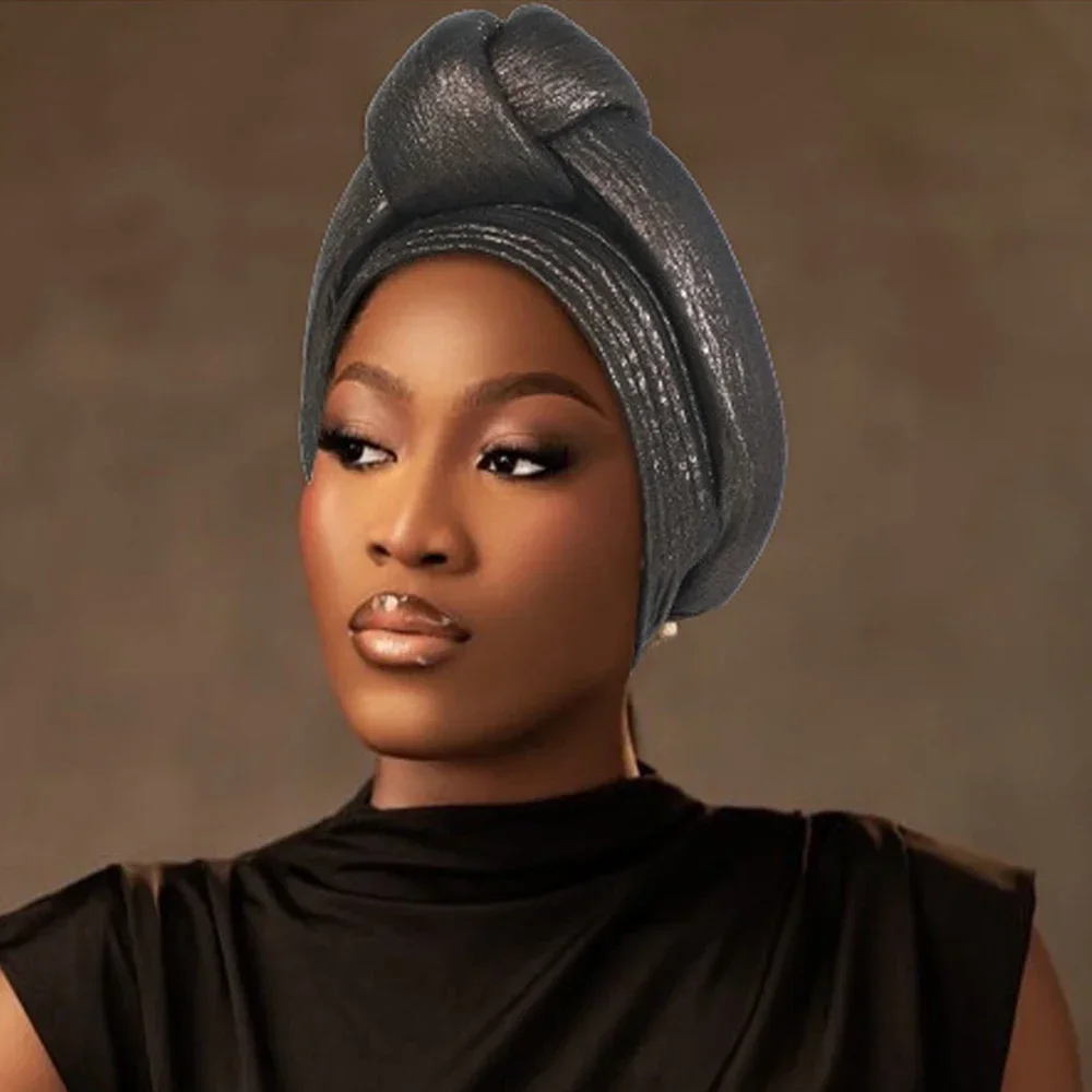 

Блестящий тюрбан-шапка с узлом для женщин, головной убор в африканском стиле, авто-геле, головной убор для вечеринок в Нигерии, мусульманский хиджаб, боннет, платок, тюрбан