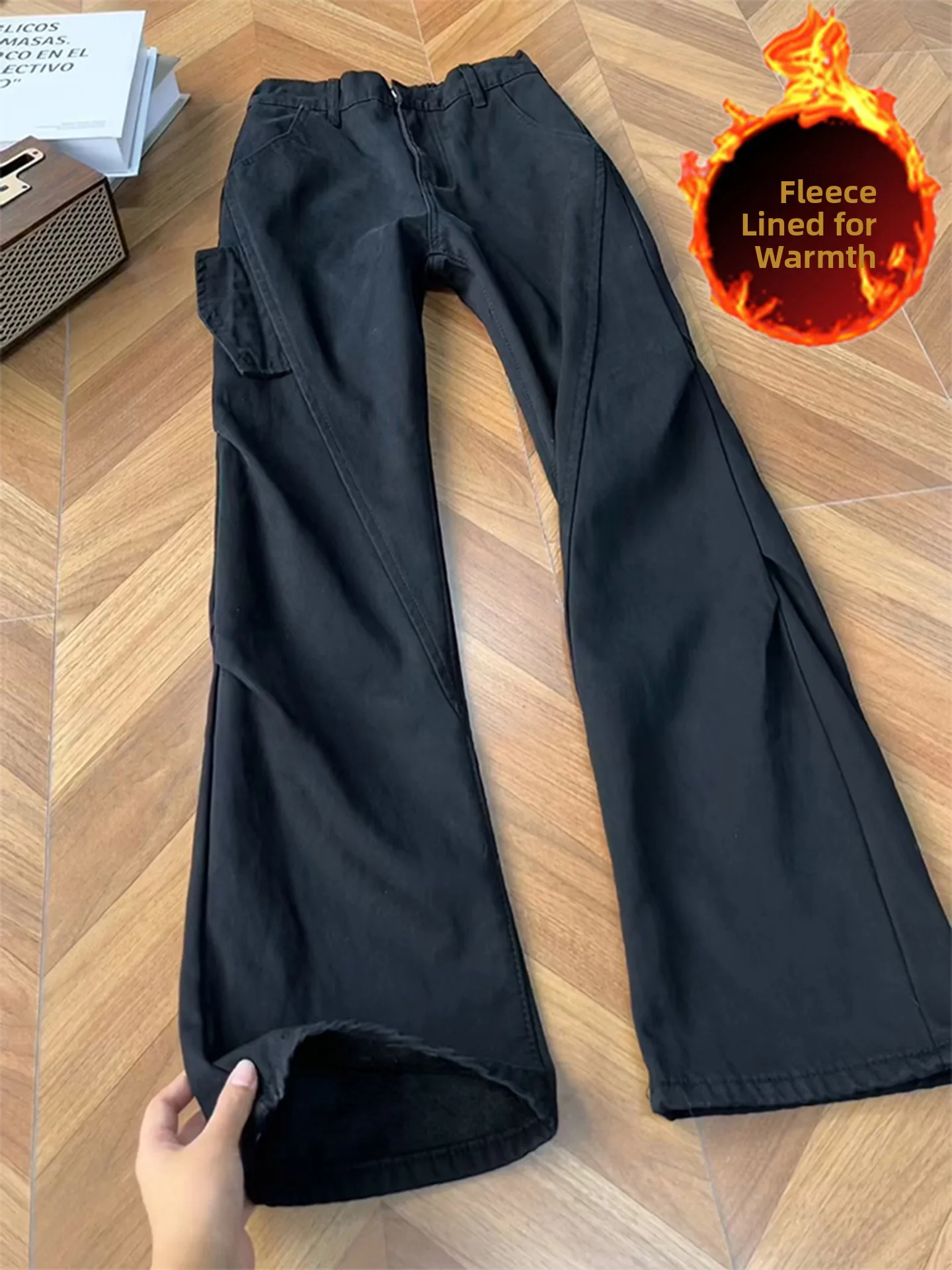 

American Vibe Men's Fce Lined Work Trousers Autumn Winter Folded Warm Logging Loose Straight Casual Pants Cotton Youth