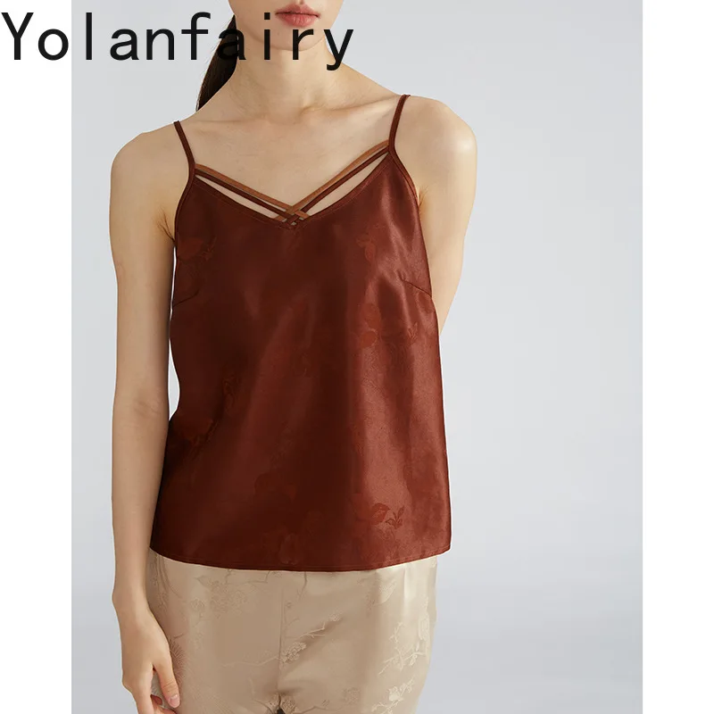 YOLANFAIRY High Quality 100% Mulberry Silk Cami Top Women Red Gambiered Silk Jacquard Tank Tops Woman Sleeveless women's tanks