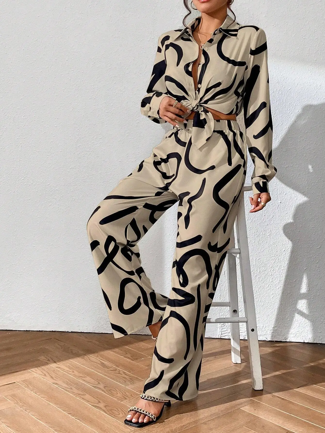 Set da due pezzi con stampa pendolare alla moda Set da donna con risvolto ampio monopetto camicia a maniche lunghe elastico in vita pantaloni dritti