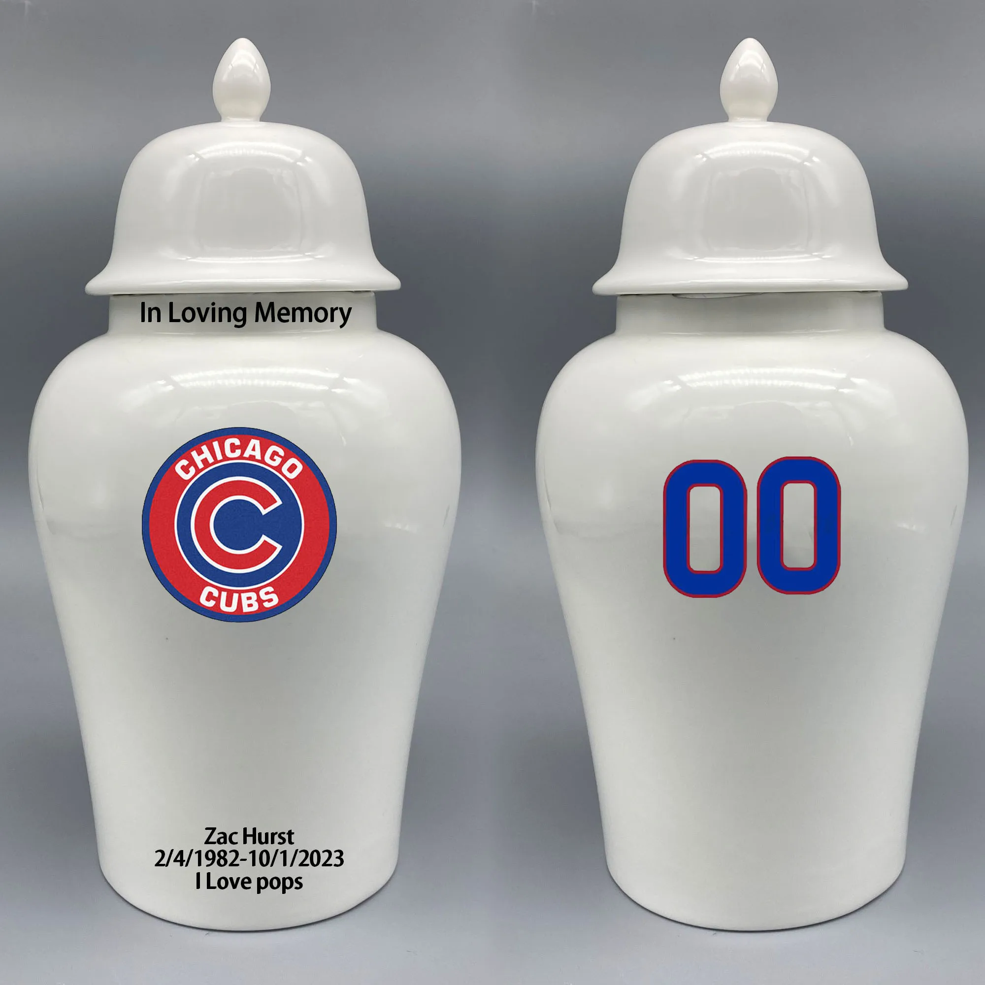 

Large Urn for Chicago Cubs-themed Logo Urn.Please send me the customize information-name/date and number on the urn