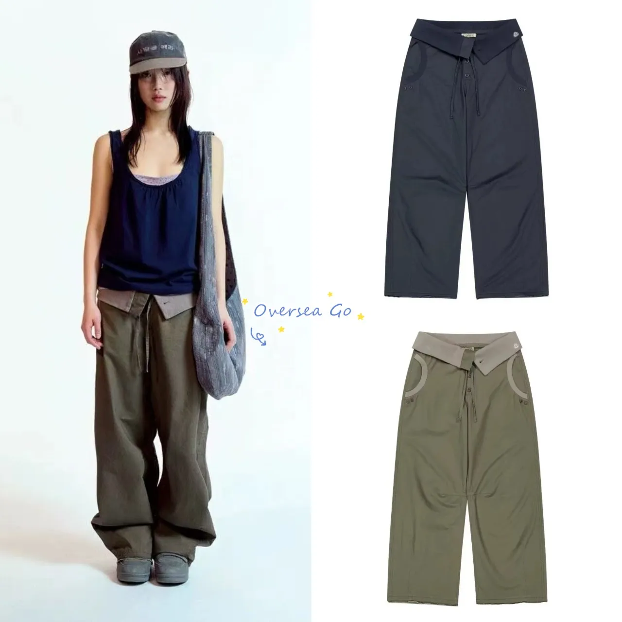 

Coyseio Korean Style Drawstring Cuffed Wide Leg Pants Casual Straight Leg Trousers for Women Spring Summer New Arrival
