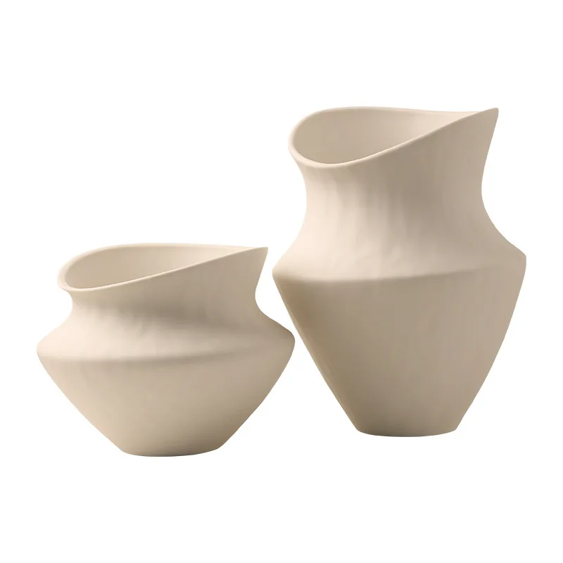 Jingdezhen wabi-sabi wind wide mouth retro texture flower ware high-end flower arrangement ceramic vase home decoration