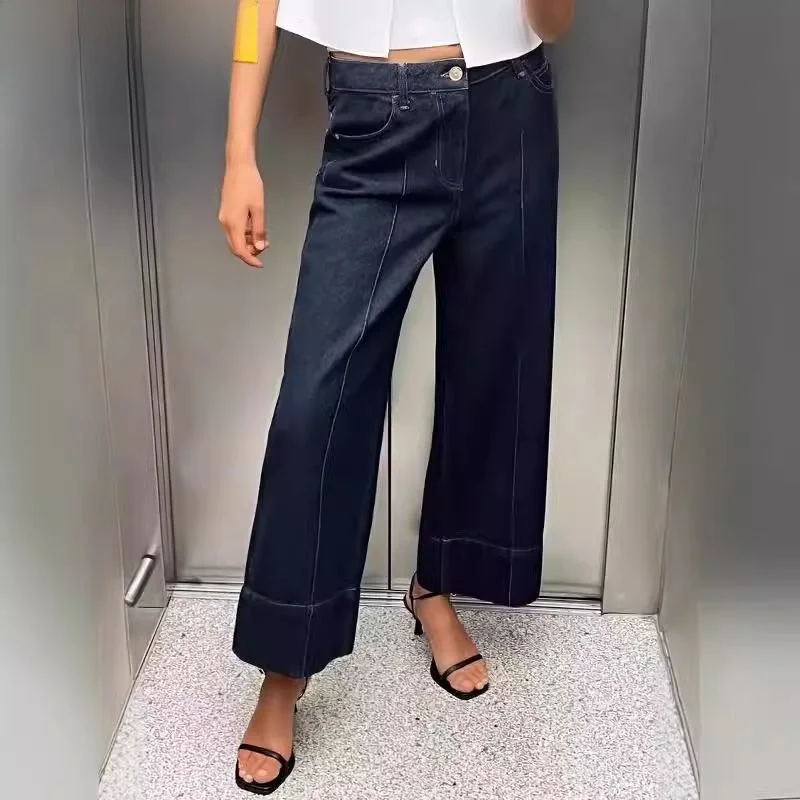 

High Waist Wide Leg Ankle Length Jeans Women's Faion Versatile Autumn 2024 Blue Denim Straight Cut Pants Long Trousers