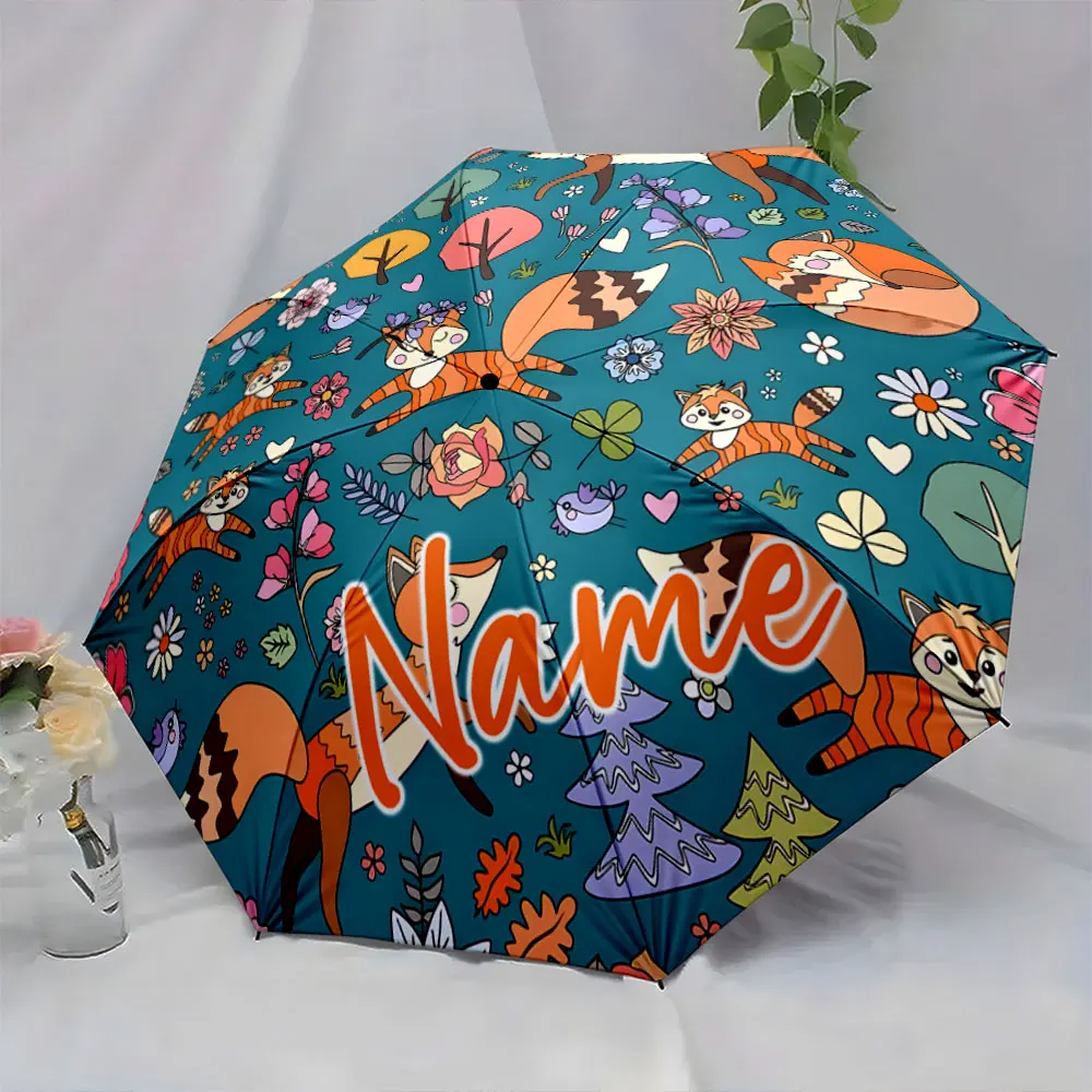 Custom Name Whimsical Fox-Patterned Umbrella with Colorful Forest Print 8 Iron Ribs Folding Umbrella Auto-Open Fashion Sunshade