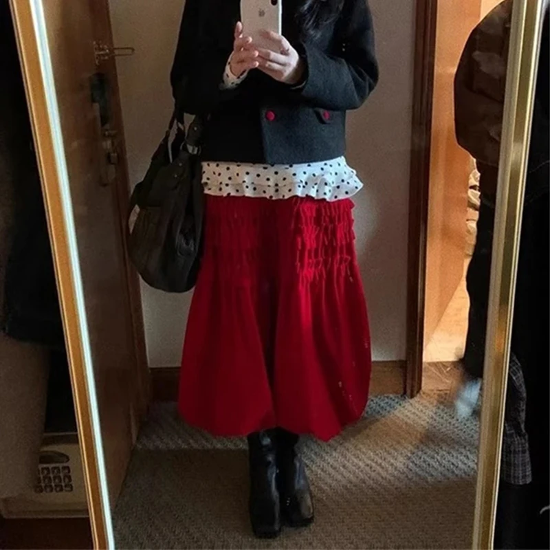 

MEXZT винтажная красная бархатная юбка-миди женская Harajuku с оборками в стиле пэчворк, зимние корейские юбки с высокой талией, A Line Faldas