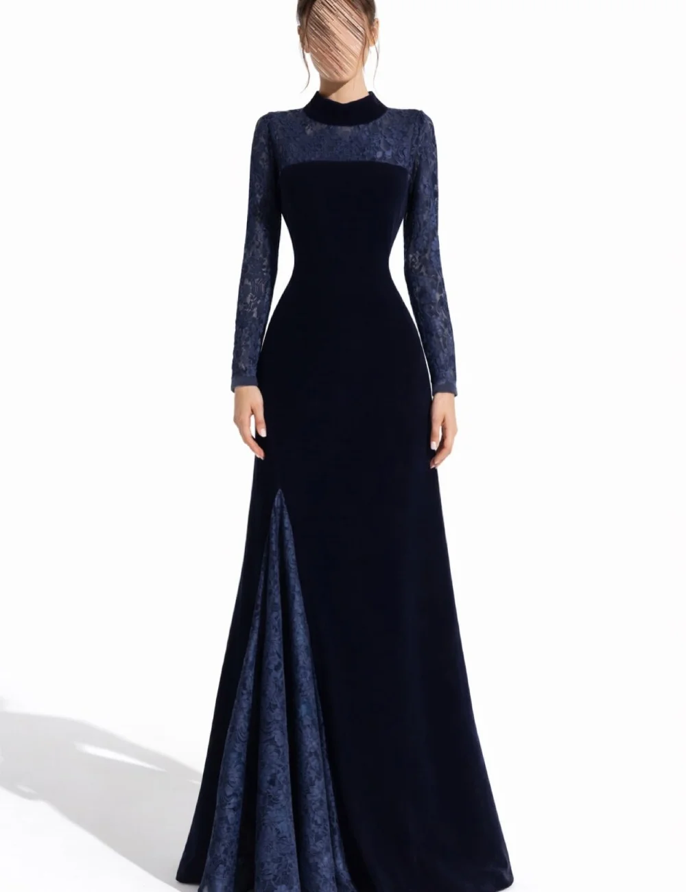 

Изысканные повседневные длинные платья из велюра с плиссировкой, кружевом и драпировкой, в стиле русалка, с высоким воротником, вечерние платья, скромный китайский стиль